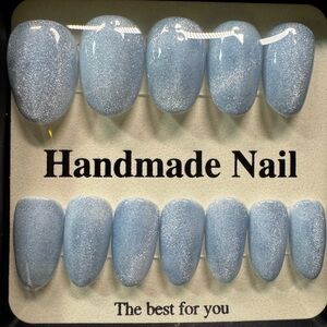 Luxury Blue Velvet Cat-Eye Press-On Nails | Handmade Icy Shimmer